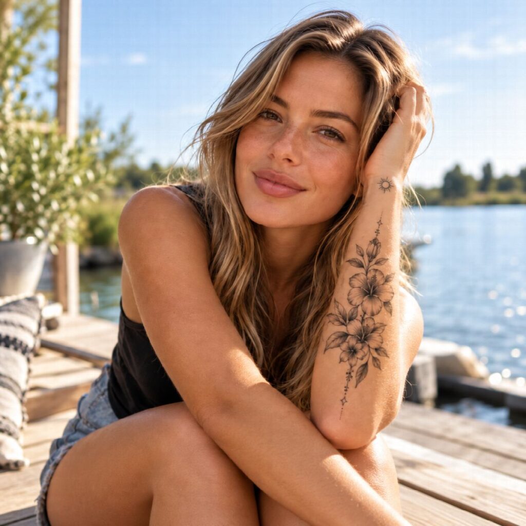 Femme au bord de l’eau avec un tatouage éphémère fleuri sur l’avant-bras